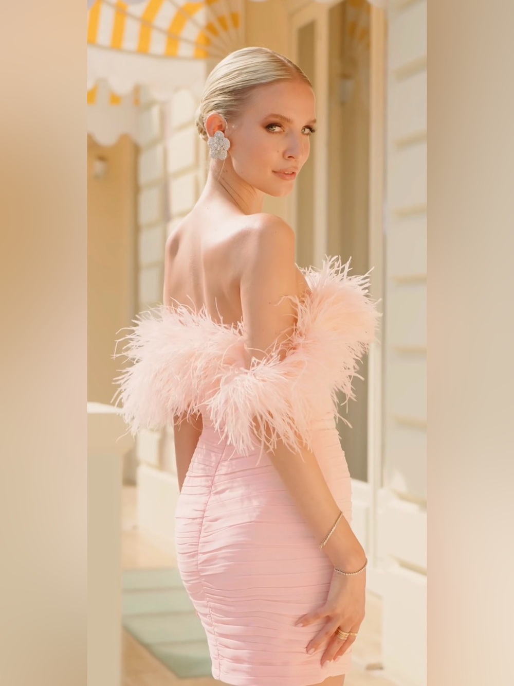 SAU LEE Chelsea Blush Pink Ostrich Feather Mini Dress – Retail $795